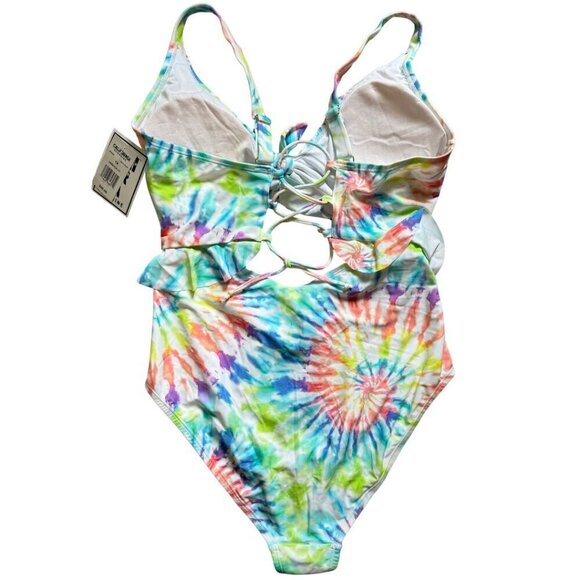 CALIFORNIA SUNSHINE Ruffle Tie Dye Cutout Monokini Swim Bathing Suit NWT Plus 1X - Picture 2 of 4